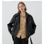 Model wearing a stylish Women's Loose Leather Jacket