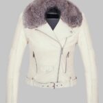 Woman wearing a black Detachable Fur Collar Faux Leather Jacket