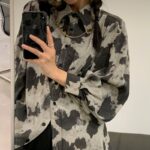 Women's Black Gray Color Block Leopard Print Blouse with Chain Detail