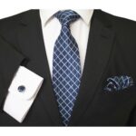 Elegant Navy Blue Silk Necktie Set with floral pattern