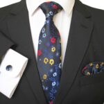 Multi color floral silk necktie with cufflinks and pocket square