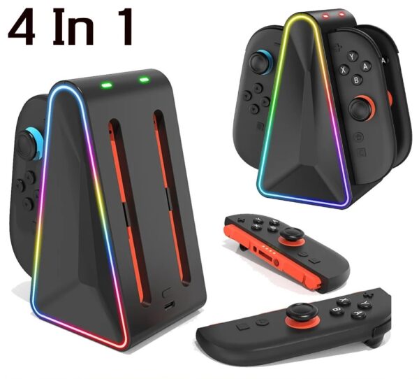 4-in-1 Triangle Charging Dock for NS2 Controllers – RGB LED Lighting, Fast Charge Base with Indicator & Smart Protection